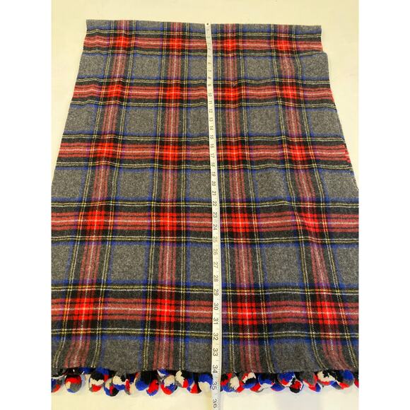 J. Crew Tartan Plaid Pom Pom Trim Holiday Scarf Gray Red Blue EUC OS Winter - Picture 6 of 7